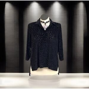Cathy Petites Top Womens PXL Black Velvet Leopard Print Semi Sheer Collared L/SL